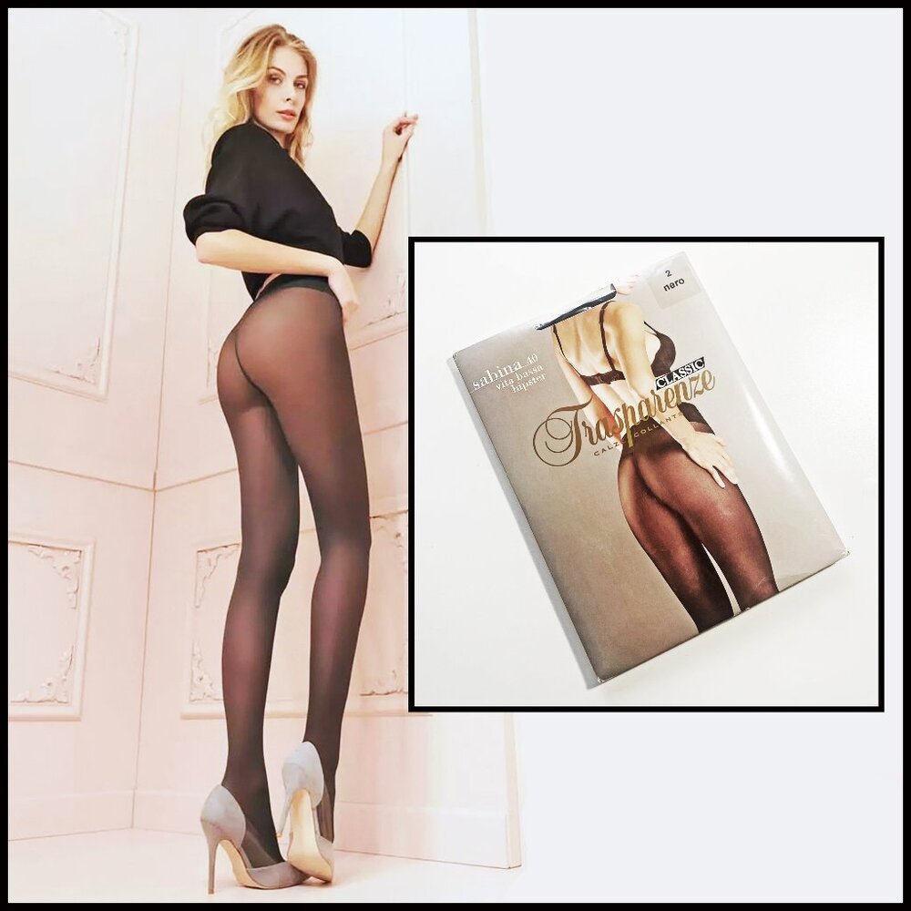 NEW TRASPARENZE "SABINA" MEDIUM BLACK PANTYHOSE WITH "G-STRING EFFECT" PANTY